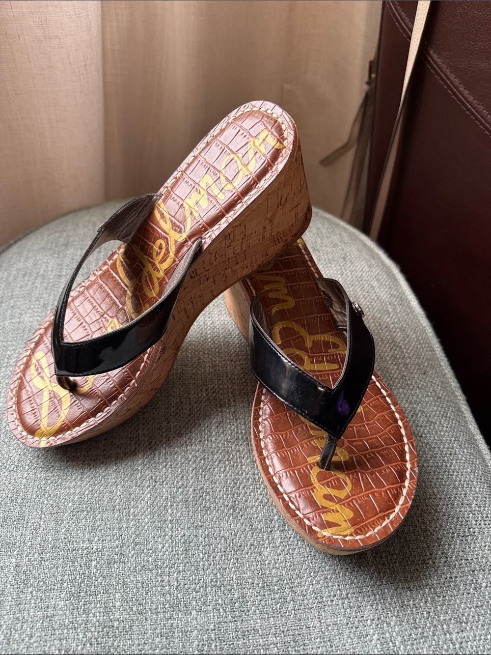 Sam Edelman Black Patent Cork Wedge Thong Sandals